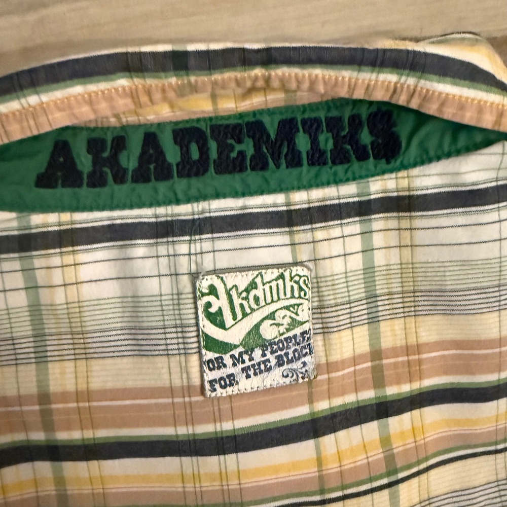 Vintage Akademiks Plaid Button Down Shirt Mens 2XL Green Yellow Y2K Streetwear - Picture 4 of 11